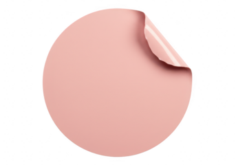A blank, round pink sticker with a peeling corner is isolated on a transparent background, ready for custom design