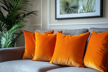 Sofa adorned with orange pillows placed against a wall with a poster frame. Scandinavian home interior design for a modern living room, Generative AI