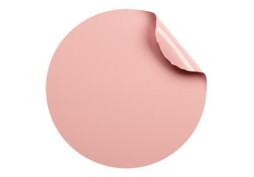 A blank, round pink sticker with a peeling corner is isolated on a transparent background, ready for custom design