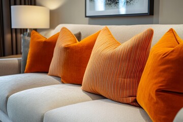Sofa adorned with orange pillows placed against a wall with a poster frame. Scandinavian home interior design for a modern living room, Generative AI