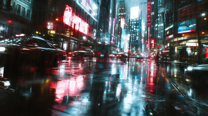 Obraz premium Neon lights illuminate a rainy city street at night, creating a vibrant and colorful bokeh effect with reflections on wet pavement and a busy urban atmosphere