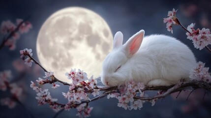 White rabbit on branch with moon