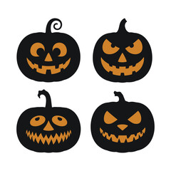 Four spooky halloween jack o lantern faces silhouette vector.
