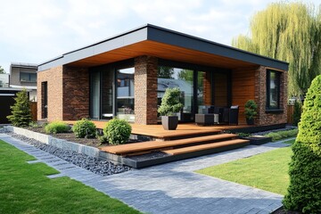 Modern small minimalist cubic house with wooden cantilever and brick wall, featuring a landscaped front yard with a paved pathway, Generative AI