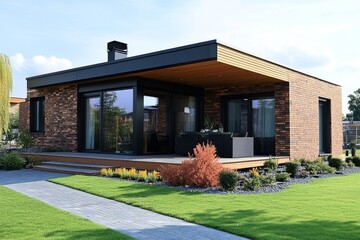 Modern small minimalist cubic house with wooden cantilever and brick wall, featuring a landscaped front yard with a paved pathway, Generative AI