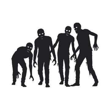 Creepy group of zombie silhouettes walking forward on white background.