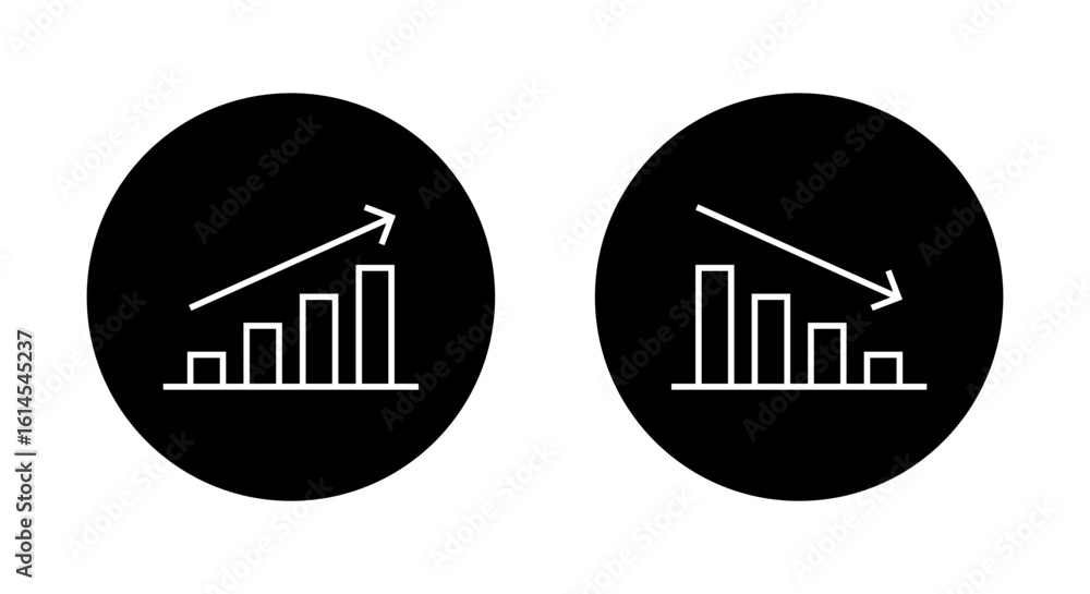 Poster line graph up and down icon in black circle. outline bar chart with arrow symbol. analytics concept