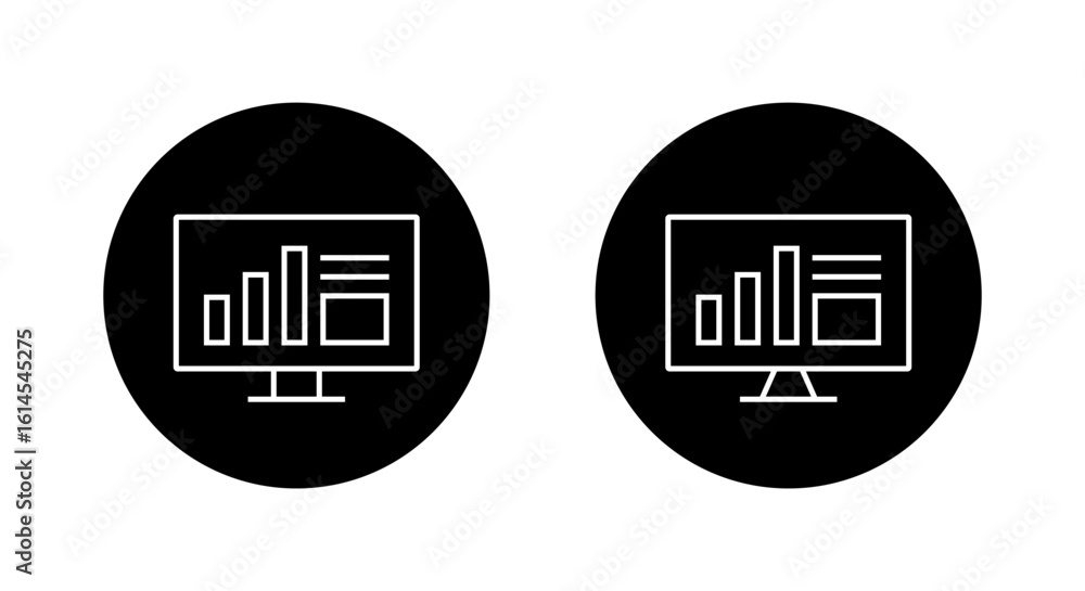 Poster monitor screen icon with bar chart and infographic line. data and statistics display symbol in black