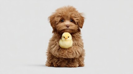 dog holding chick