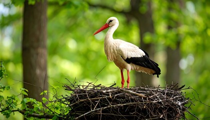 White stork in nest amidst spring foliage