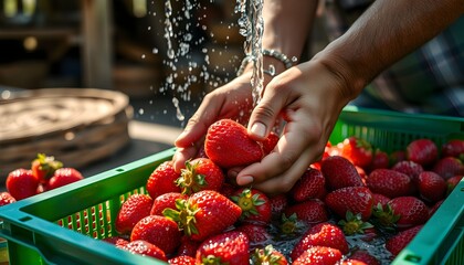 A person washes fresh, ripe strawberries in a green plastic crate under running water.