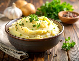 Creamy mashed potatoes in a bowl, garnished with fresh herbs and spices