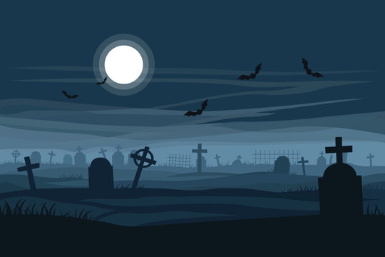 A moonlit graveyard scene at night, featuring numerous tombstones and flying bats. - Powered by Adobe