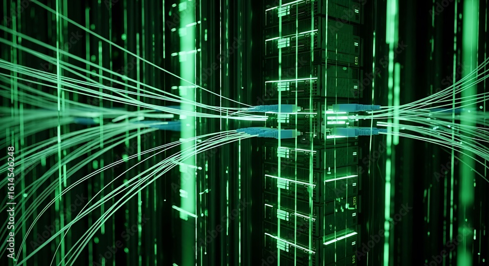 Aufkleber a green illuminated server rack with cables and abstract data flow in a futuristic setting