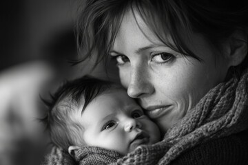 Mother holding her newborn baby, looking lovingly at her infant, symbolizing unconditional love and the bond between mother and child, Generative AI