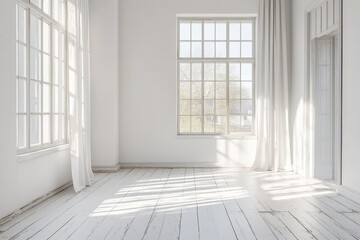 Obraz premium Interior of a modern white apartment panorama, providing a clean and open space, Generative AI