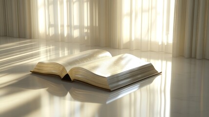 Open book on a glossy floor bathed in sunlight through sheer curtains