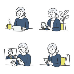 スマホやパソコンを使って過ごす女性のイラストセット