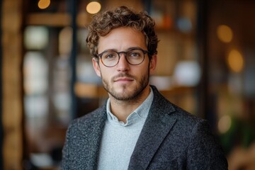 Portrait of a young businessman standing indoors in an office, symbolizing professionalism and ambition in the modern business world, Generative AI