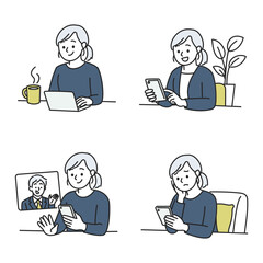 スマホやパソコンを使って過ごす女性のイラストセット