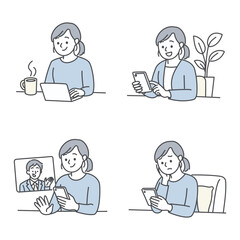 スマホやパソコンを使って過ごす女性のイラストセット