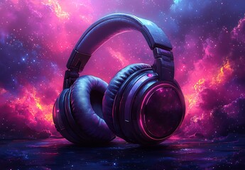 Black Headphones Floating in Vibrant Cosmic Nebula Background

