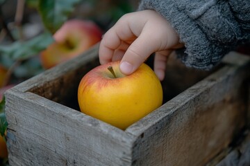 Child's hand placing an apple into a wooden box in an orchard, symbolizing the connection to nature and the importance of sustainable farming, Generative AI