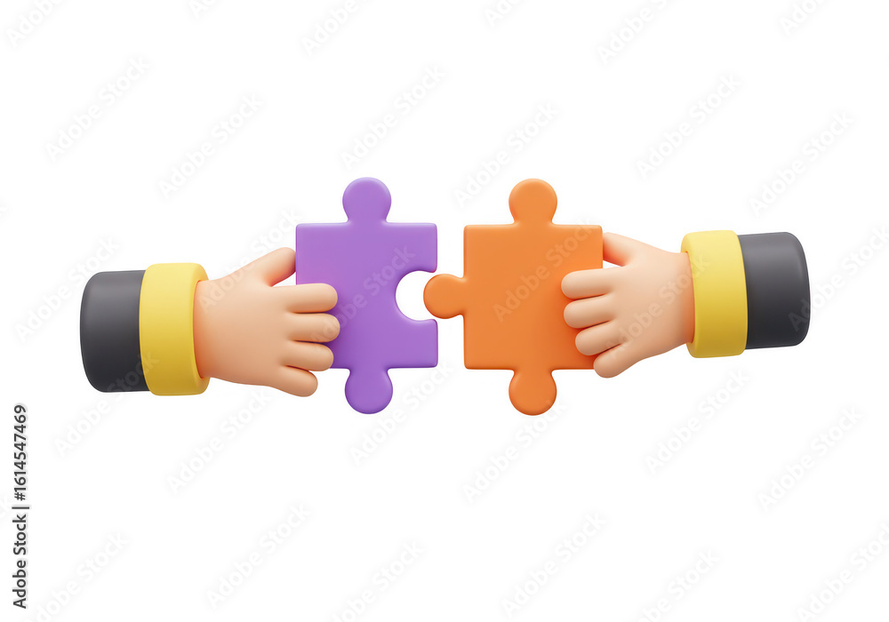Poster two hands holding and connecting puzzle pieces, representing collaboration and problemsolving, isola