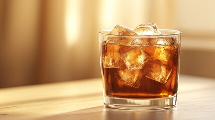 Whiskey glass with ice on wooden table