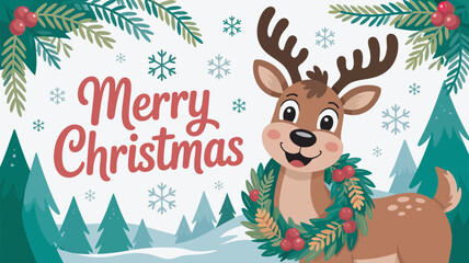 Festive Deer Holiday Season Vector Illustration with Snowflakes and Evergreen Branches Design