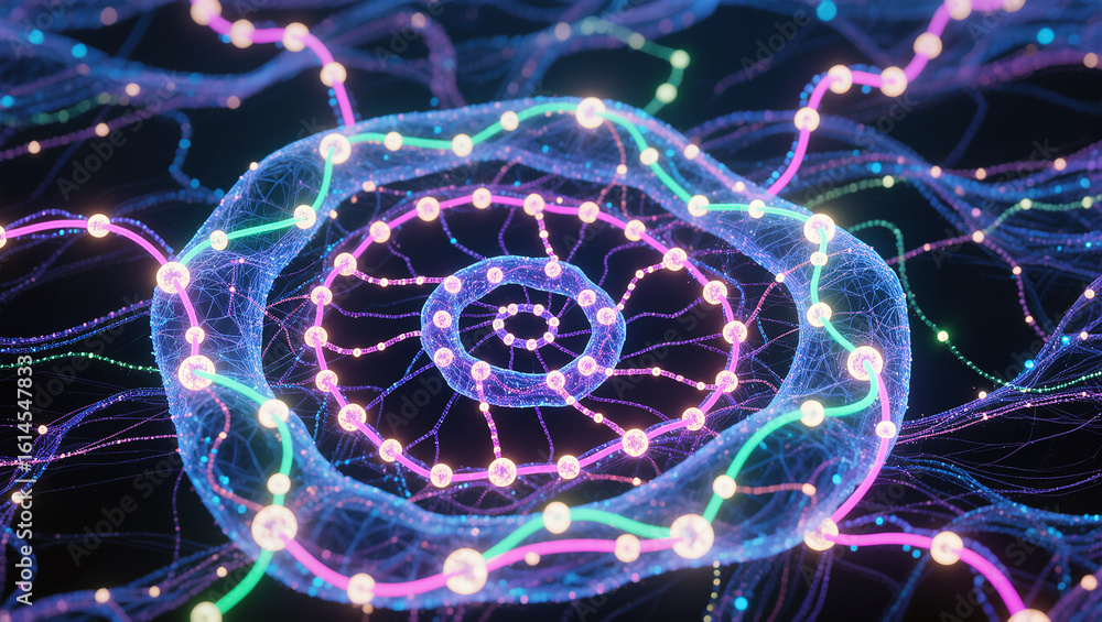Poster colorful spiral structure with glowing nodes in abstract design