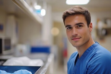 Portrait of a handsome male doctor in scrubs, reviewing medical test results and providing patient care in a clinical environment, Generative AI