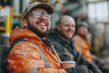 Young man with Down syndrome and his colleagues taking a break from work in an industrial factory, drinking coffee outdoors and promoting workplace inclusion, Generative AI
