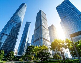 Obraz premium Modern skyscrapers under a clear blue sky