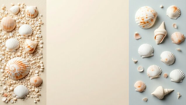 Seashells and pebbles on sand and blue background scallops