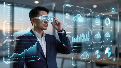 Innovative businessman engages with futuristic technology in office