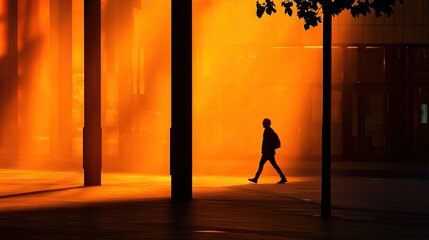 Silhouette of a Person Walking in Warm Evening Light Outdoors