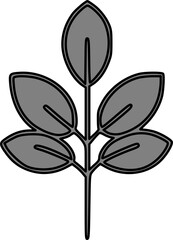 Simple grayscale illustration of a stylized sprig with five leaves.