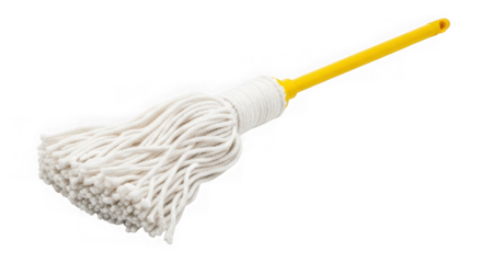 Cotton mop with yellow handle for floor cleaning isolated on transparent background