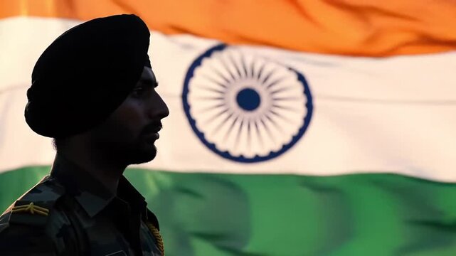 Indian Sikh soldier silhouetted against national flag