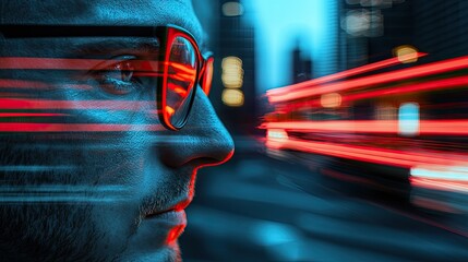 Profile of a Man with Neon Light Streaks in Urban Setting