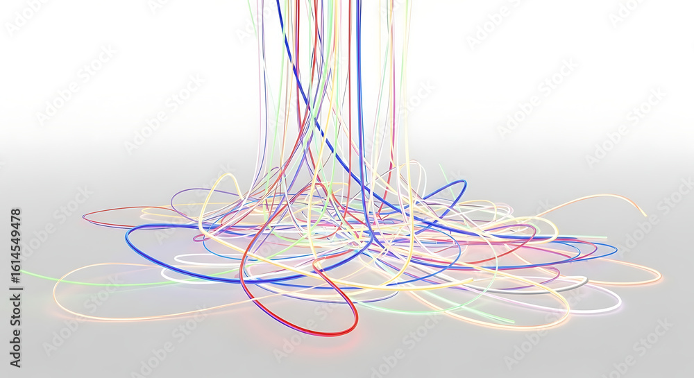 Poster abstract arrangement of colorful glowing curved lines on a light gray surface with a white backgroun
