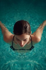 A caucasian woman floating in turquoise blue water. Top view of a serene female swimming pool. Relaxation and summer day concept.
