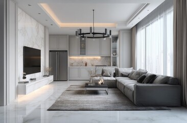 Modern open-plan living space with grey sectional sofa, marble floors, and integrated kitchen