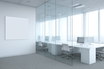 Modern, minimalist office space with glass partition, workstations, and blank canvas