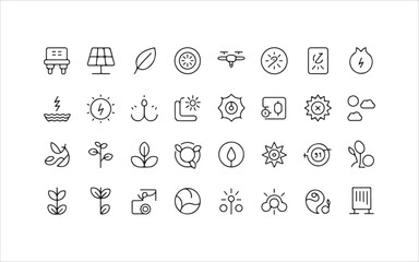Green tech icons, clean energy, recycling, and nature preservation line symbols