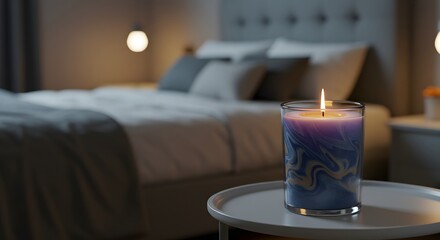 Aromatherapy candle in focus with a softly blurred bedroom, perfect for blog headers, ads, or product promotions about relaxation.