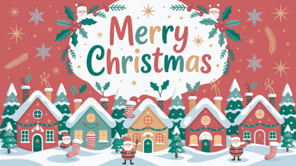 Charming Holiday Village Scene with Merry Greeting and Festive Decorations Illustration