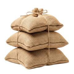 Stack of three burlap sacks tied with twine isolated on a transparent background