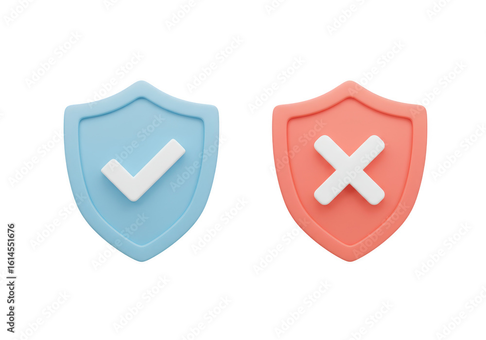 Poster two shields, one with a green checkmark for approval and another with a red cross for rejection isol